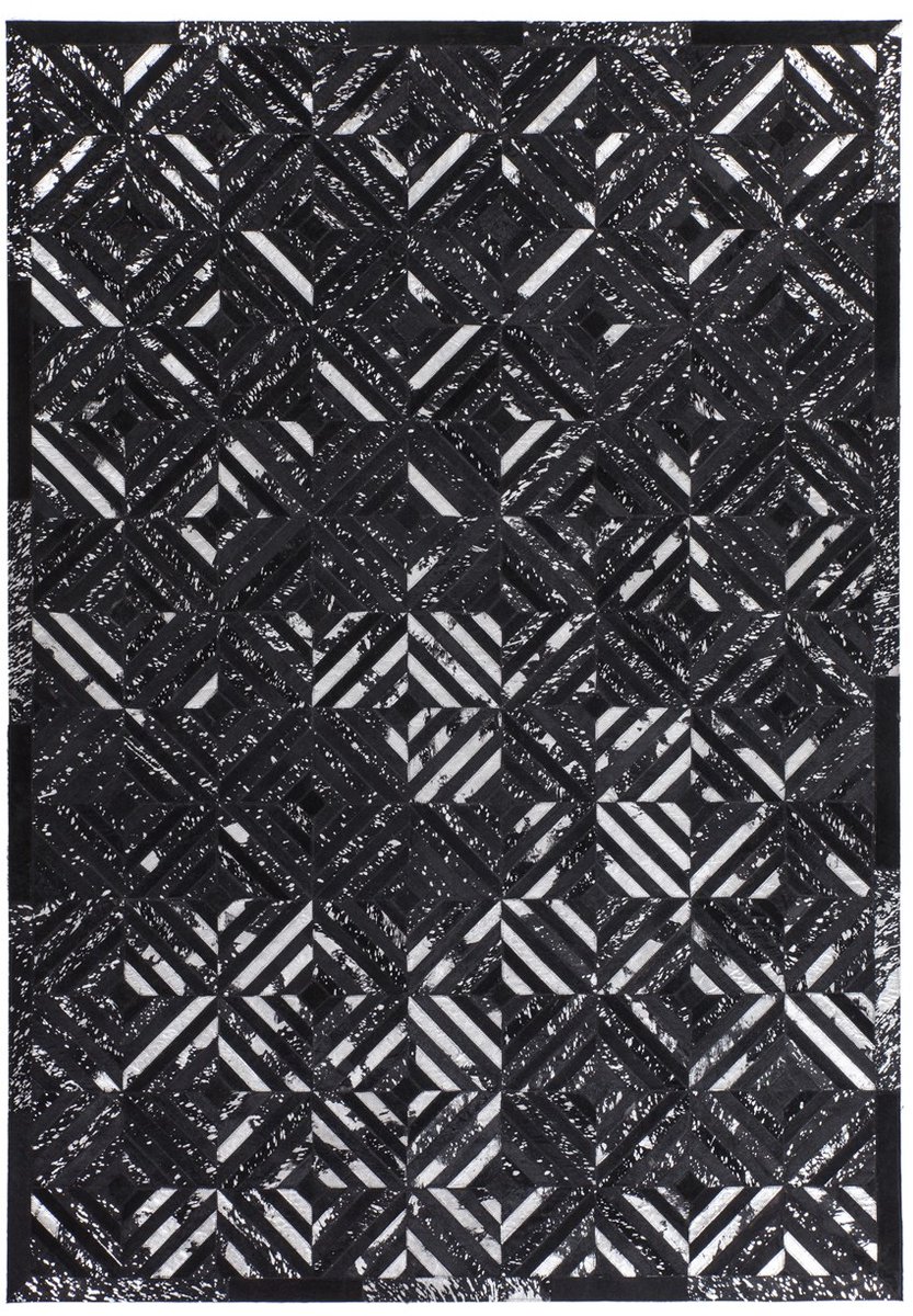 Padiro vlakgeweven vloerkleed 160 x 230 cm - zwart / zilver - industrieel geometrisch patroon - geschikt voor vloerverwarming - van leer
