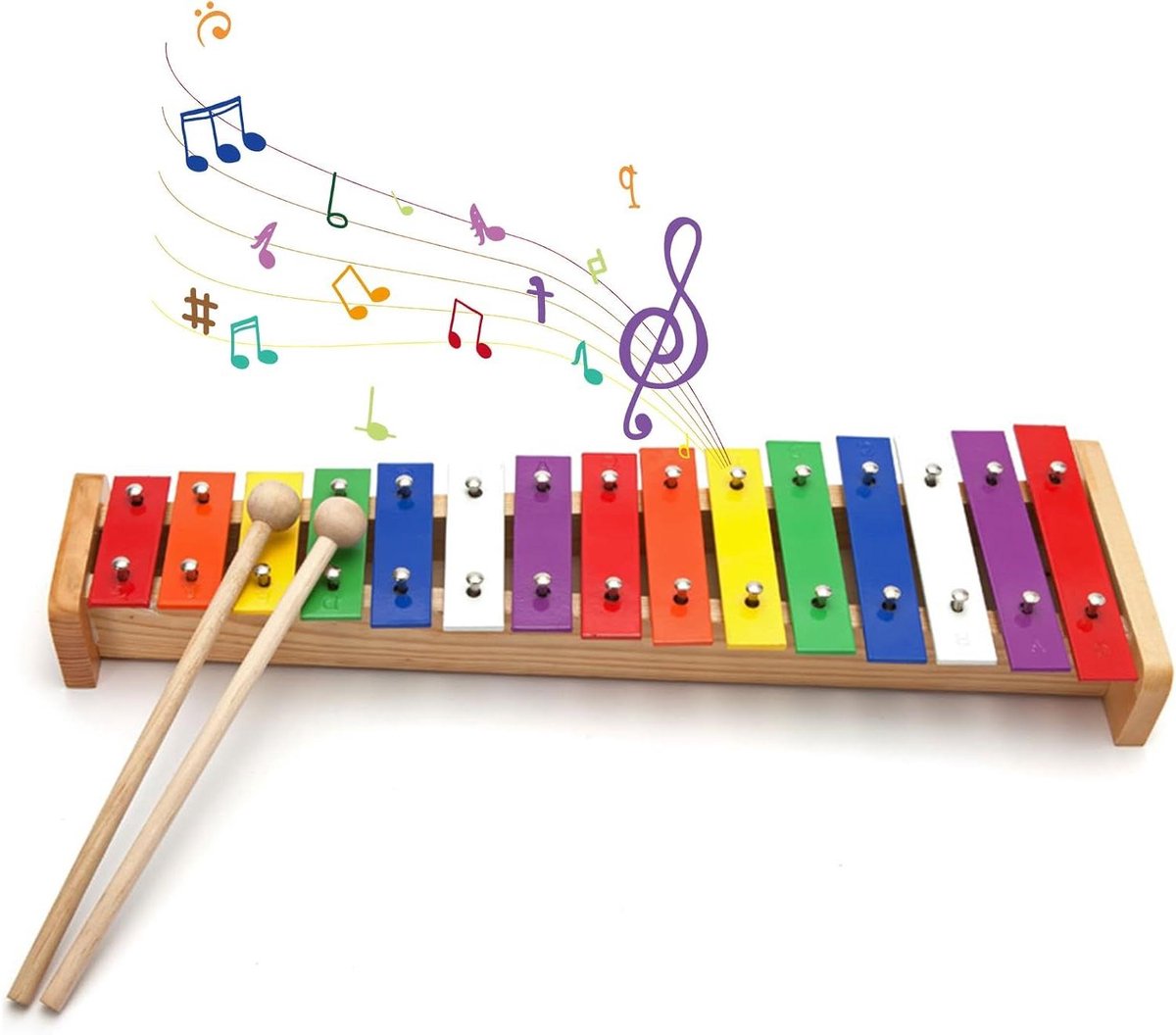 Kleurrijke Xylofoon - Kinderxylofoon Muziekinstrument - Muzikaal Leren - 15 Metalen Noten - 40 x 14 x 5 cm - Regenboogkleurig