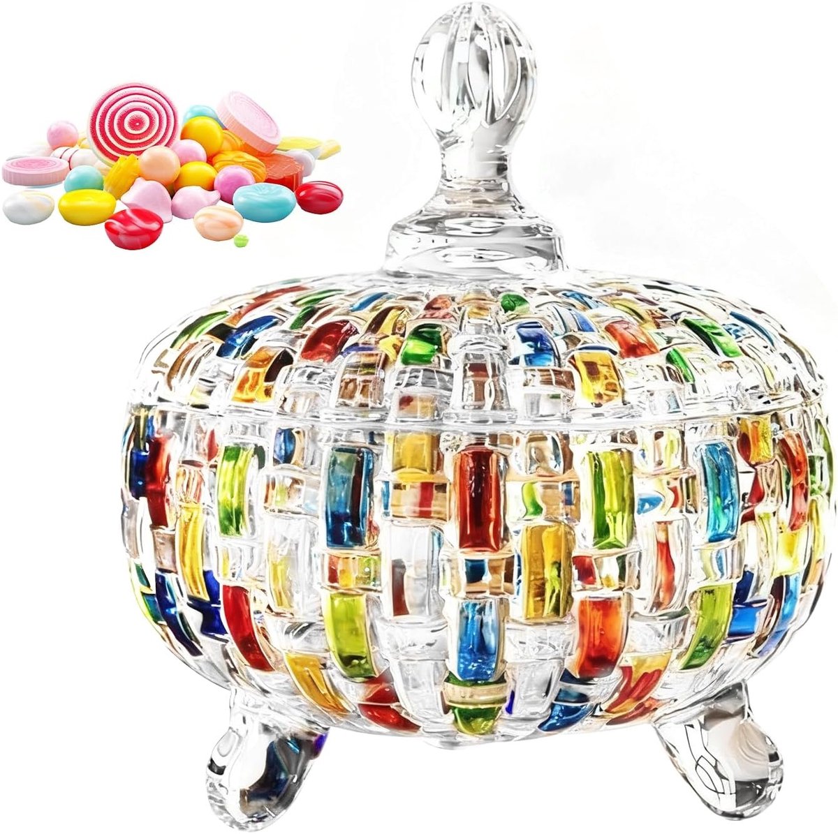 Handgeschilderde Glazen Snoepdozen van 700ml met Deksel, Kleurrijke Woven Design voor Feestjes, Bruiloften en Cadeaus