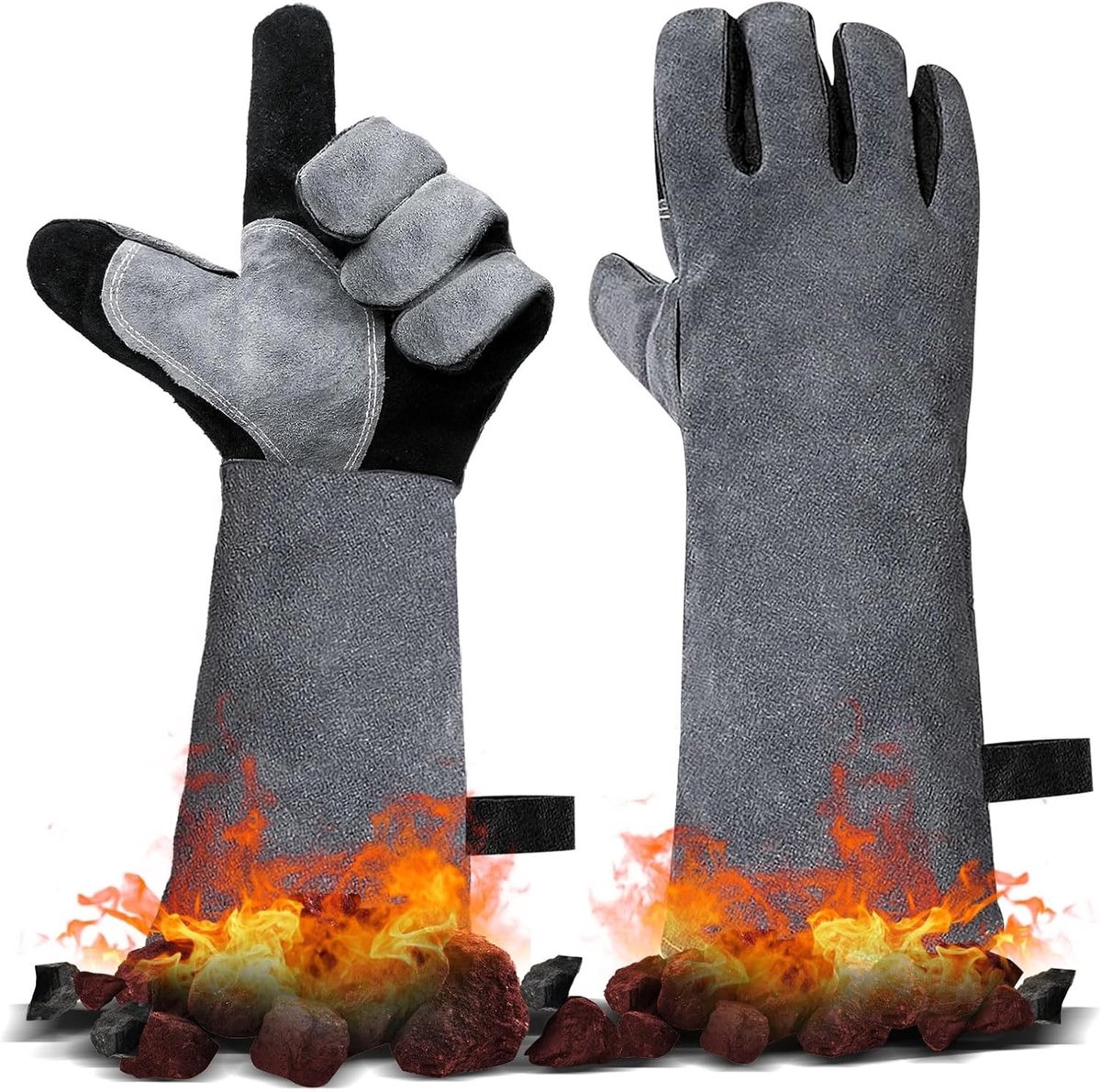 Hittebestendige Grillhandschoenen - Grijs - 40 x 20 cm - Leren Ovenhandschoenen met Lange Manchet - Voor Grillen en Lassen