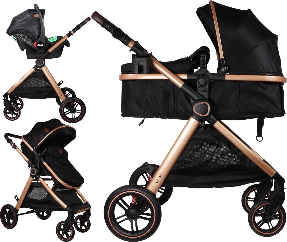 3-in-1 Kinderwagen - Combinatie Kinderwagen Pramen - Baby Vervoeren - Verstelbare Duwstang - 4 Wielen - Zwart Roze