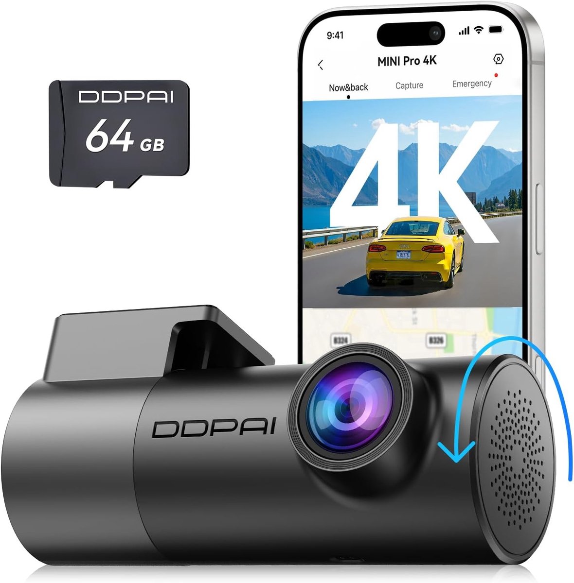 Dashcam voor auto - Zwart - 2160P HD - 360° Draaibare Lens met Nachtzicht en Wifi - Met Parkeermonitor en App-bediening
