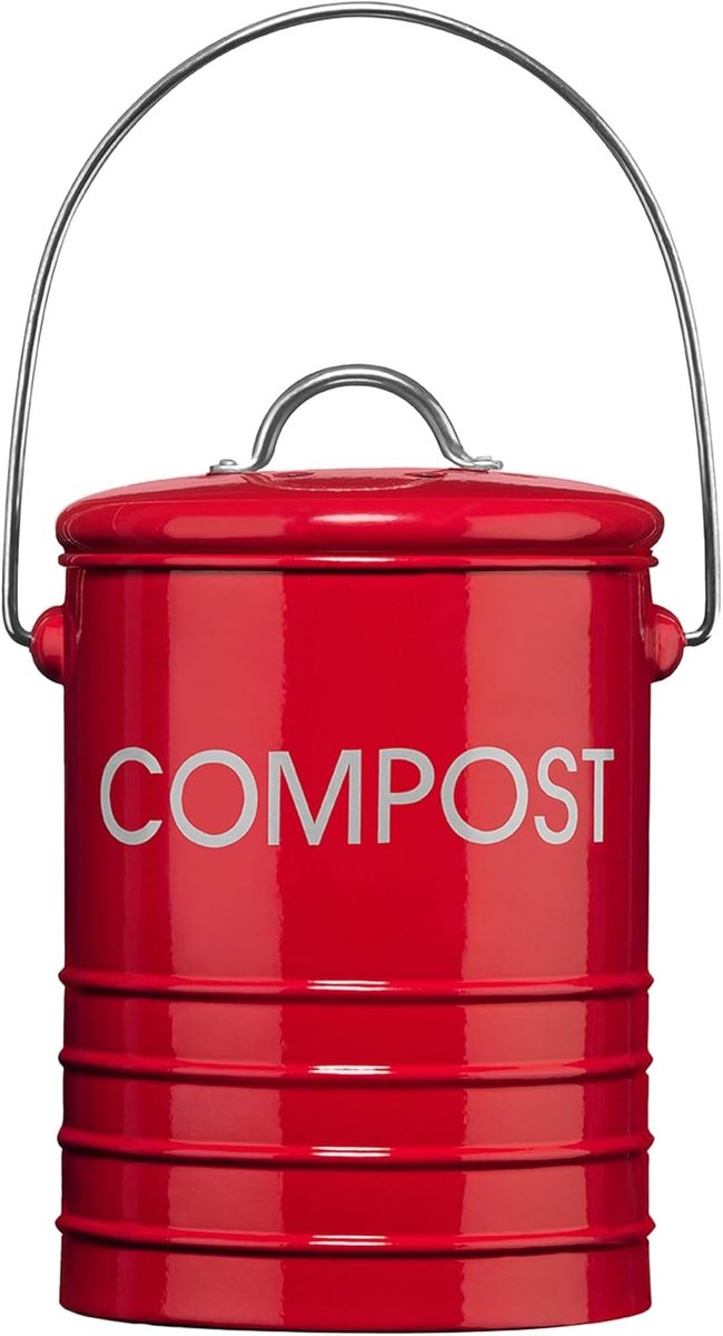 Compostemmer 5 liter - Rood - Ø14 x 22 cm - Metalen Keukenafvalemmer met Draaggreep - Voor Milieubewust Gebruik