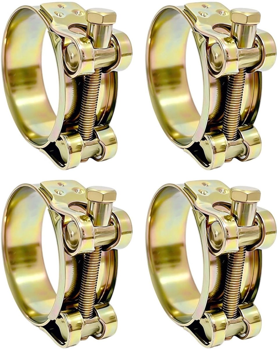 Set van 4 verstelbare uitlaatklemmen van roestvrij staal voor motoren en auto's, 52-55 mm, inclusief scharnierboutklem en slangklemmen