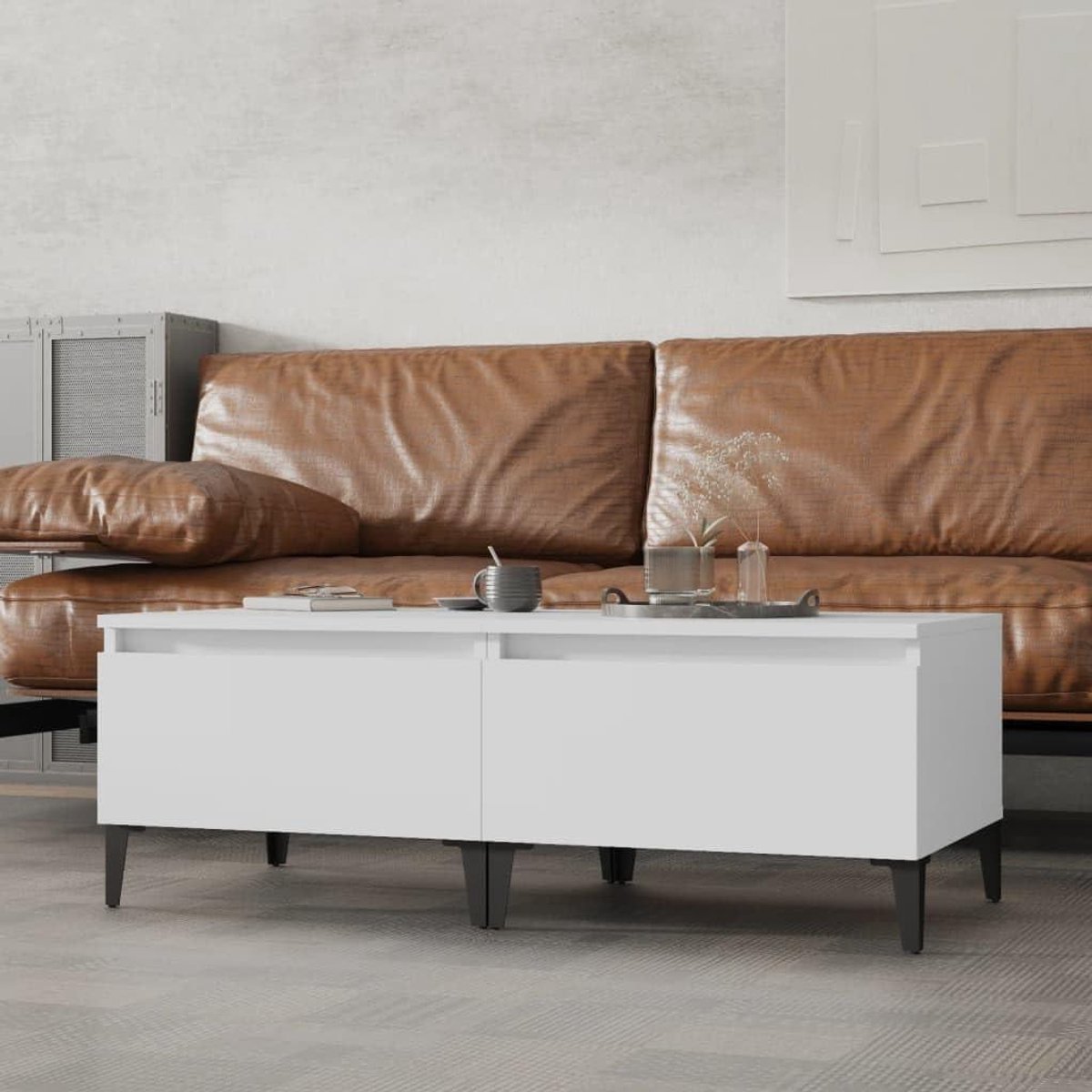 Salontafel Set - Bijzettafels Hout - Woonkamer Decoratie - Met Opbergruimte - 50 x 46 x 35 cm - Wit