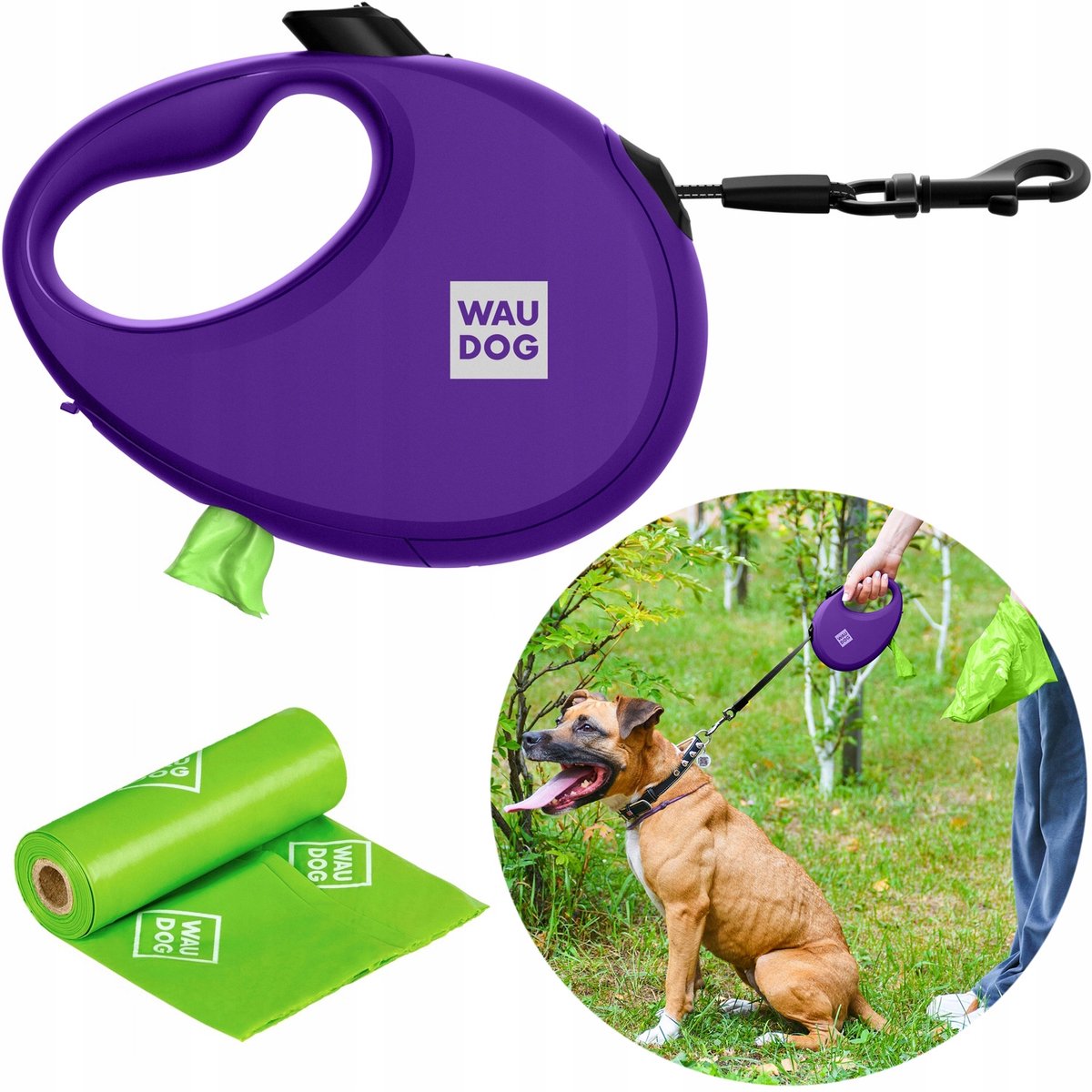 Merkloze Automatische Hondensnoer met Poepzakhouder & Reflectie, S, tot 12 kg