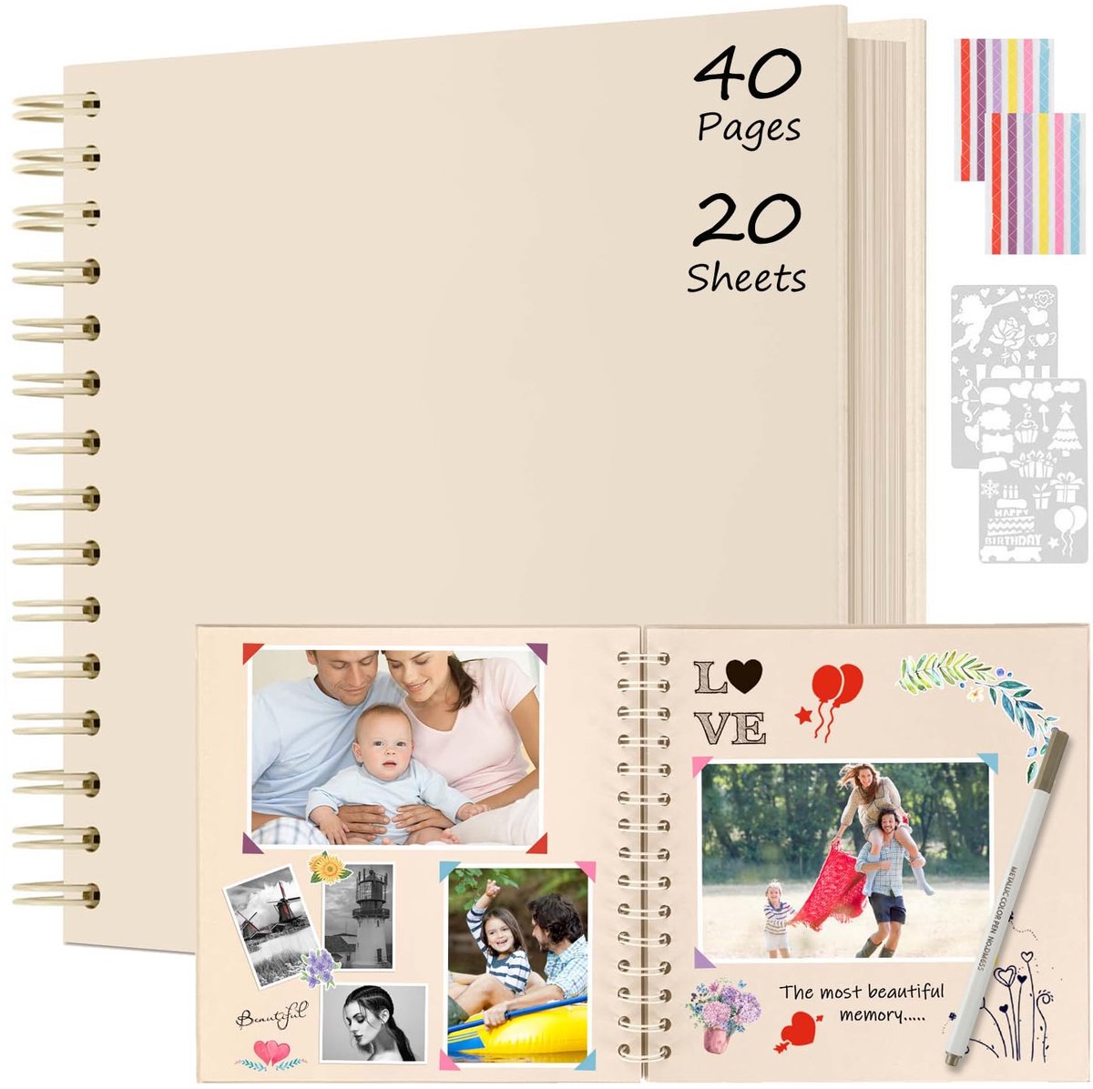 Fotoalbum om zelf te maken 21x21cm, DIY Spiralalbum met 40 pagina's