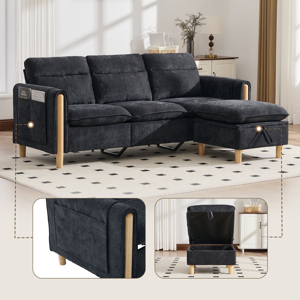 Woonkamer Hoekbank, L-Bank, 3-Zits bank, Driezitsbank In Scandinavische Stijl Met Opbergpoef, L-Vormige Stoffen Bank Met Zijvakken En Houten Tafelpoten, Ideaal Voor Woonkamers En Kleine Ruimtes-Zwart