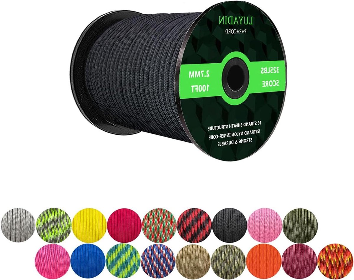 Paracord Touw - Scheepskoord Noodtouw - Outdoor Activiteiten - 30 Meter Spoel - 2.7 mm Dikte - Zwart