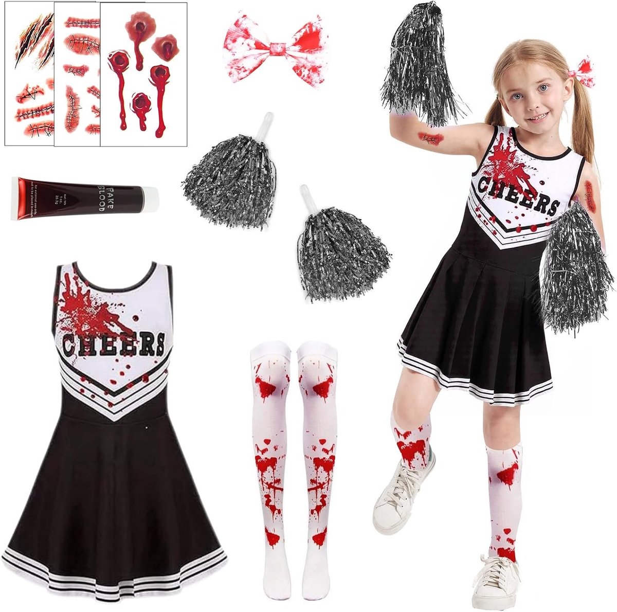 Zombie Cheerleader Kostuum voor Kinderen - Halloween Outfit, Carnaval Thema, Griezelige Verkleedkleding