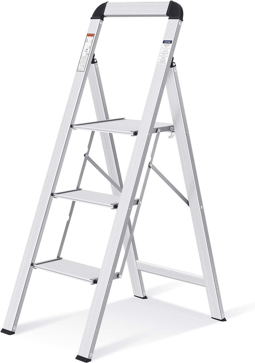 Trapladder 3 treden - Vouwladder Opstapkruk - Huishoudelijk Werk - Ultradun Design - 150 kg Laadvermogen - Zilver
