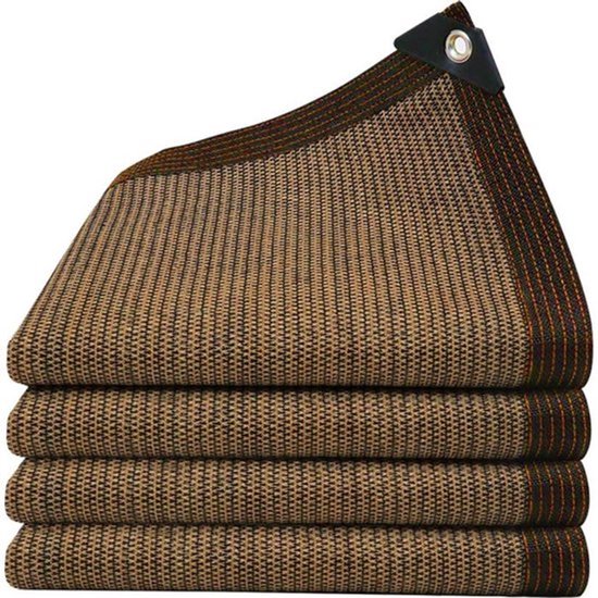Voile d'ombrage marron plié avec une texture rayée, sur fond blanc.