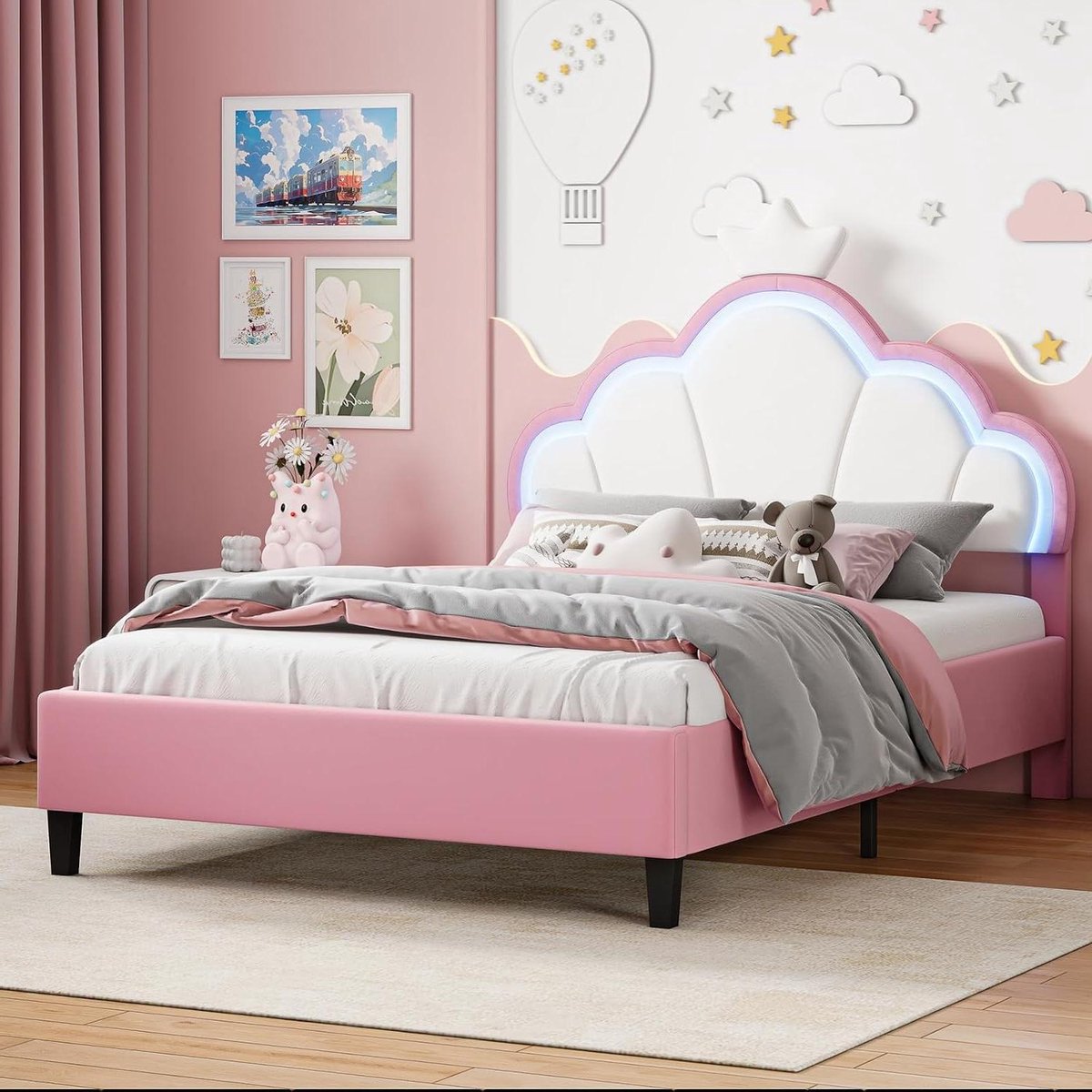 Prinsessenbed Meisjesbed - Kinderbed Ledverlichting - Slaapkamer Inrichten - Verstelbaar Hoofdeinde - 140x190cm - Wit Roze