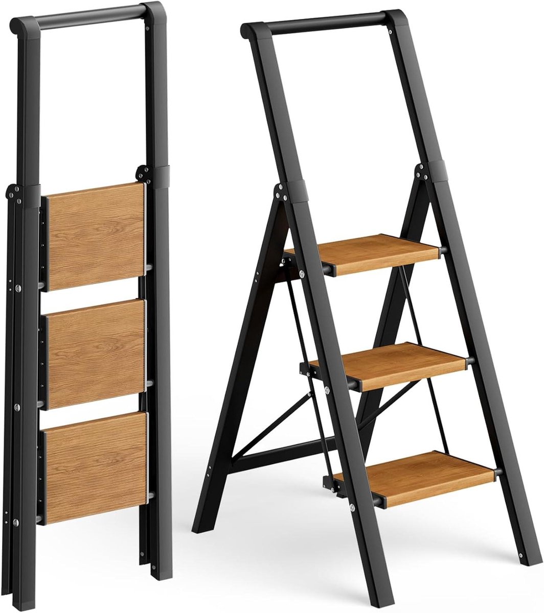 Trapladder 3 treden - Opstapkruk Vouwladder - Klusjes in huis - Met veiligheidsleuning - 150 kg capaciteit - Zwart