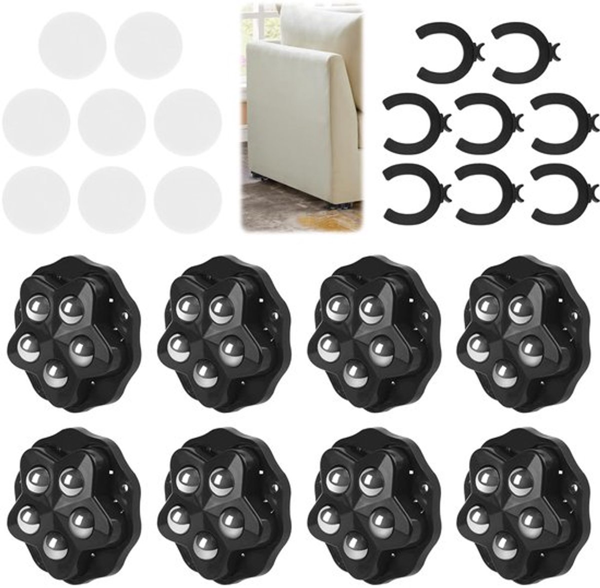 SnelShoppen - 8 Pcs Zelfklevende Meubelwielen met 360 Graden Beweging, Mini Ballenwielen met 5 Stalen Bollen en Rem voor Keuken, Elektrische Apparaten