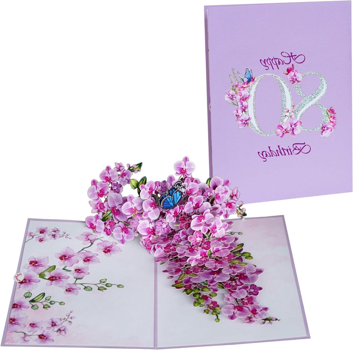 Verjaardagskaart 80 Jaar - Pop-up kaart 3D kaart - Verjaardag vieren - Handgemaakt orchidee ontwerp - 20x15 cm - Paars