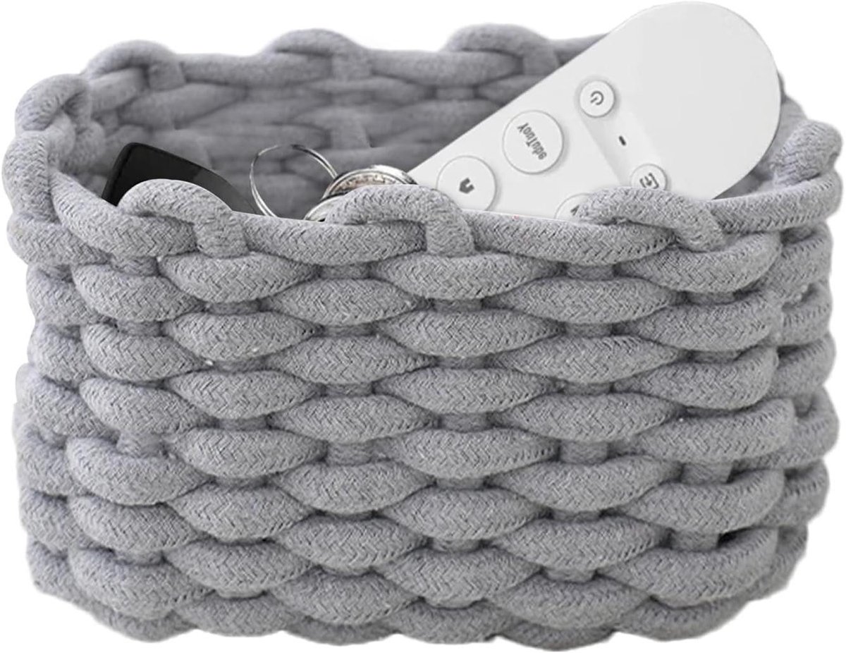 Katoenen Touw Mand - Geweven Mand - Opbergen van Speelgoed - Handgeweven Afwerking - 19x15x12 cm - Grijs