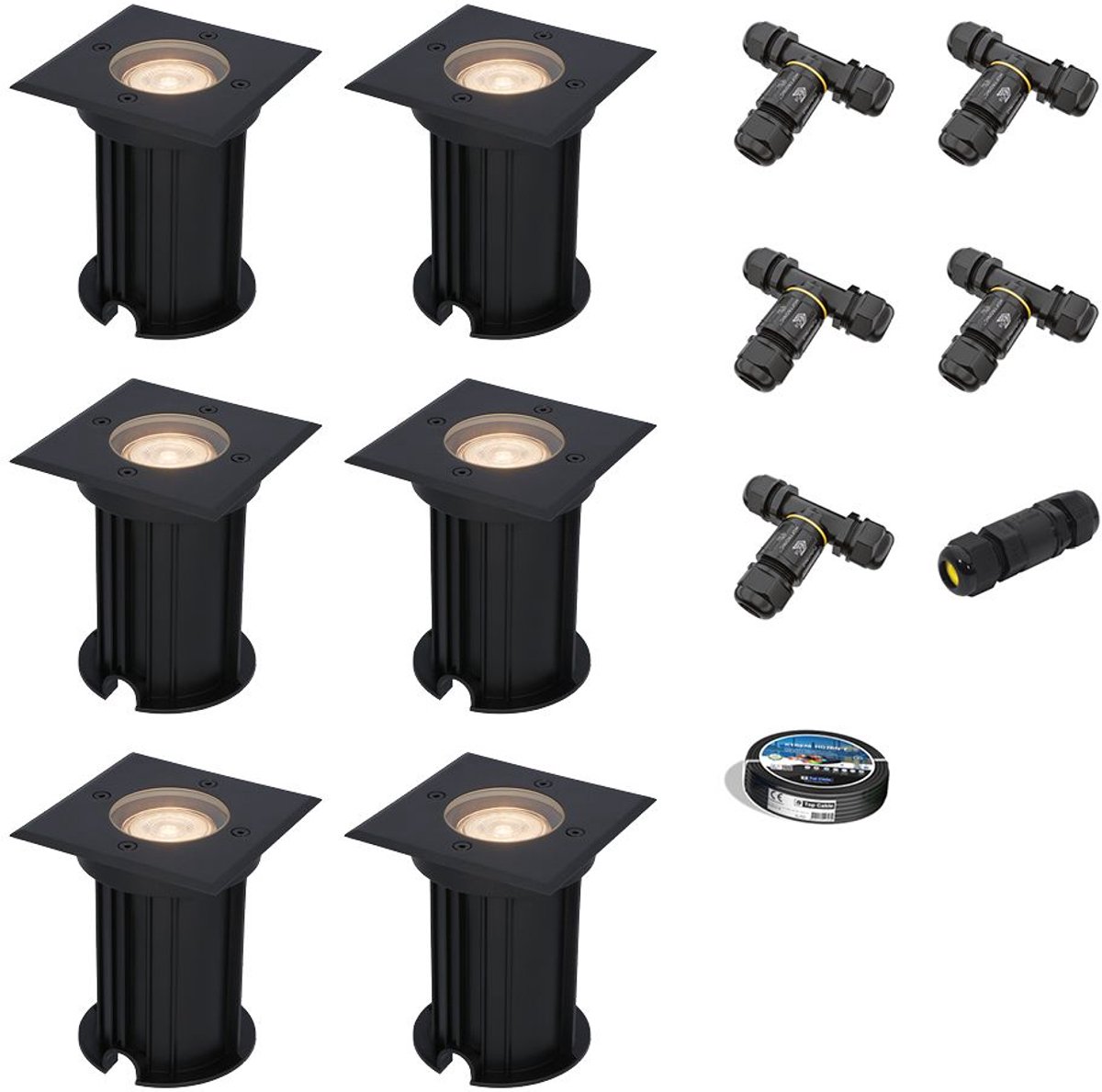 Set van 6 Ramsay LED Grondspots vierkant - Dimbaar - GU10 - 2700K warm wit - 4W 345lm - Tuinspot - Zwart - IP67 waterdicht - Overrijdbaar voor de Oprit, Tuin en Terras - Inclusief installatiemateriaal (Kabel & connector)