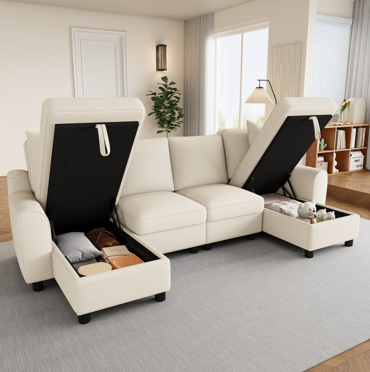 Wishdor U-bank - Chenille - Met opbergruimte - Beige - 280 x 137 x 84 cm - Voor woonkamer - Met zachte kussens en losse zitkussens