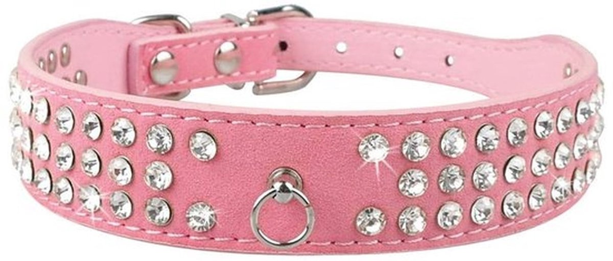 Hondenhalsband Bling Strass - Suède Leer - Verstelbaar - Klein/Middelgroot/Groot - 5 Gaten - 100% Nieuw - Halsband