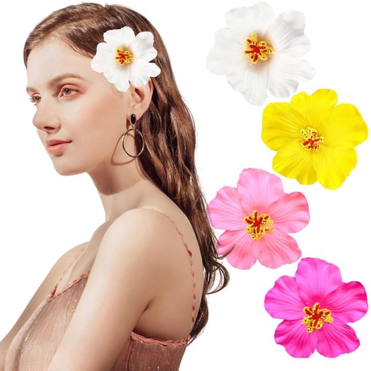 4 stuks Hawaïaanse bloemenhaarspelden voor dames, plumeria hibiscus rozen haarklemmen 8,9 cm kunstbloemenclips, haaraccessoires voor vakantie strandfeest