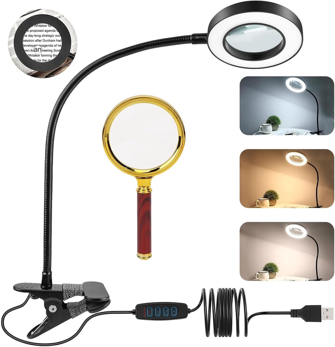 Vergrootlamp - Zwart - 50 x 9,5 cm - 5-voudige LED Lamp met Verstelbare Zwanenhals - Voor Lezen en Detailwerk