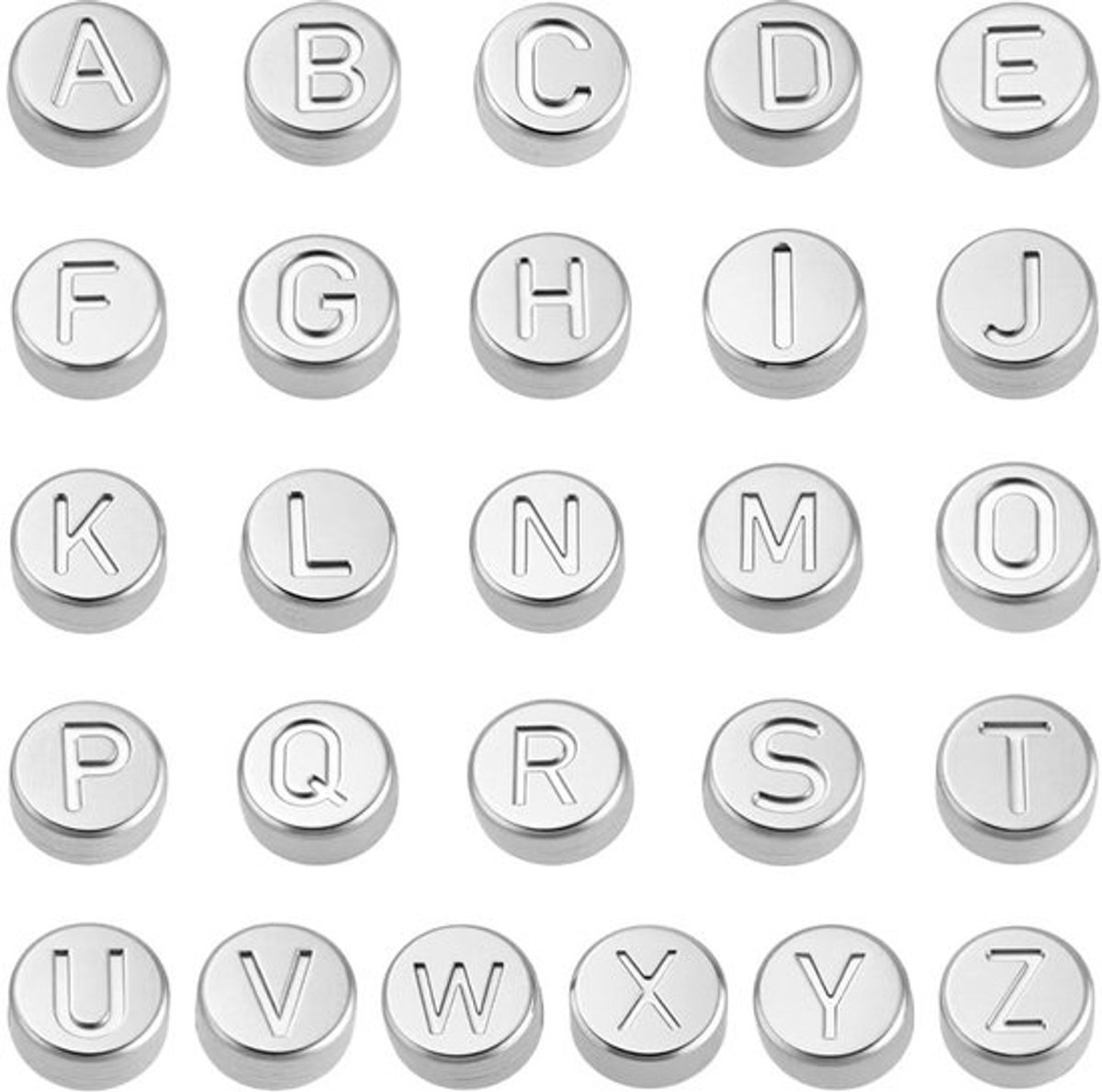 Letterkralen 26 Stuks - Platte/Ronde Kralen - Roestvrij Staal - Zilverkleurig - Afstandhouders voor Sieraden - 7 mm Diameter - Sieradenkralen