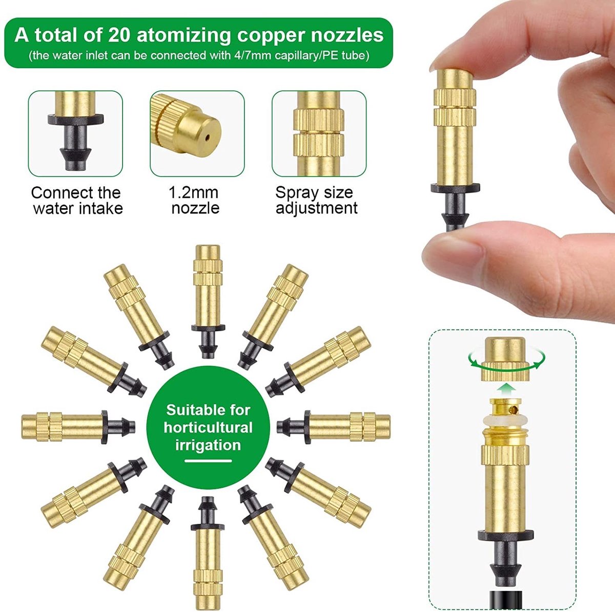 Set van 20 Verstelbare Messing Mistdoppen voor Drip Irrigatie, Tuin Sprinkler en Microsprinkler voor Groenten en Kassen
