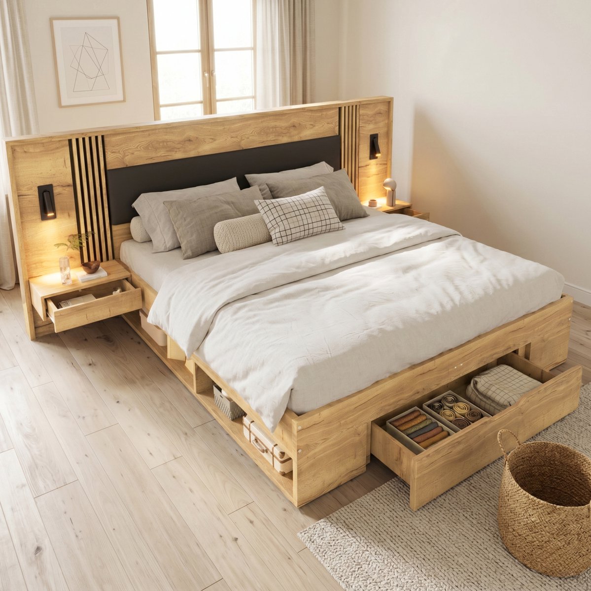 Wishdor Tweepersoonsbed 180x200 cm - stauraambed met lattenbodem en leeslamp - natuurkleur - mdf - 4 pakketten Natural