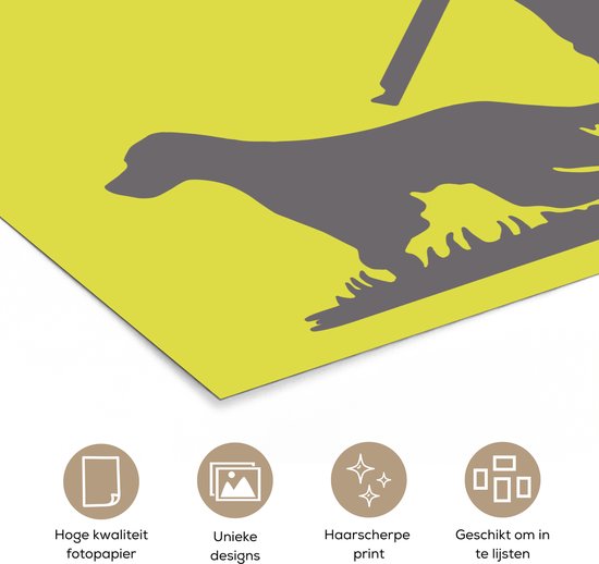 Een detail van een poster met een jager en hond. Iconen tonen hoge kwaliteit fotopapier, unieke designs, haarscherpe print en is geschikt om in te lijsten.