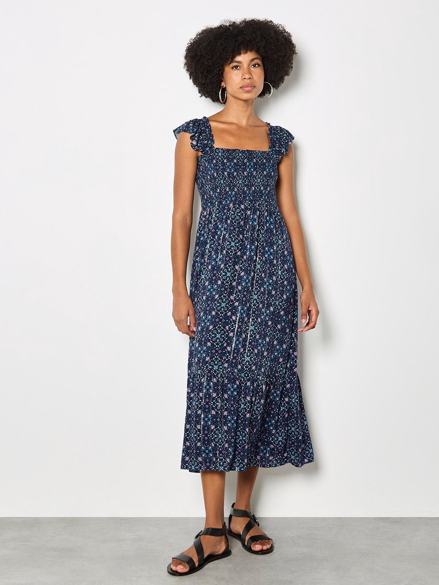 Midi-jurk met folkbloemenprint en metallic details