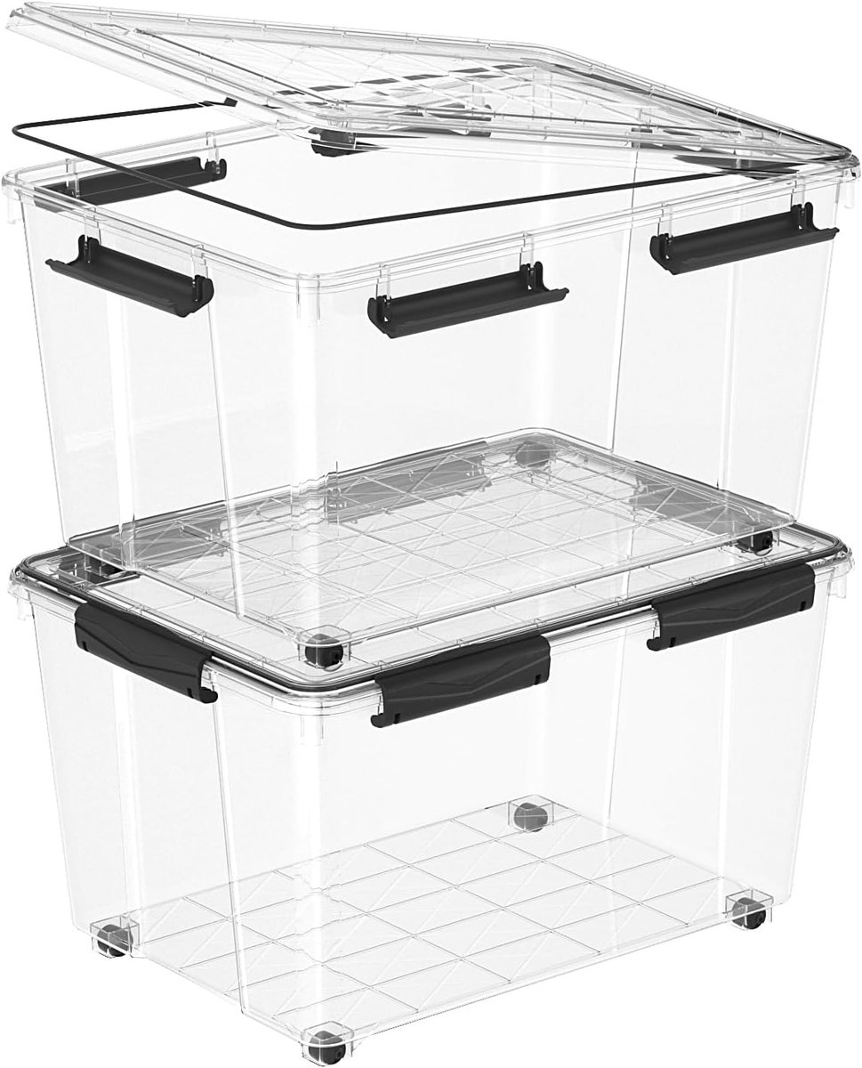 55L*2 Luftdichte Plastik-Speicherkästen mit Rädern, Deckel und Silikon-Dichtung - Voor Garage, Außenbereich, Decken, Kleidung - Wasserdicht, Stapelbar, PP, Transparant, 55L (2er Pack)