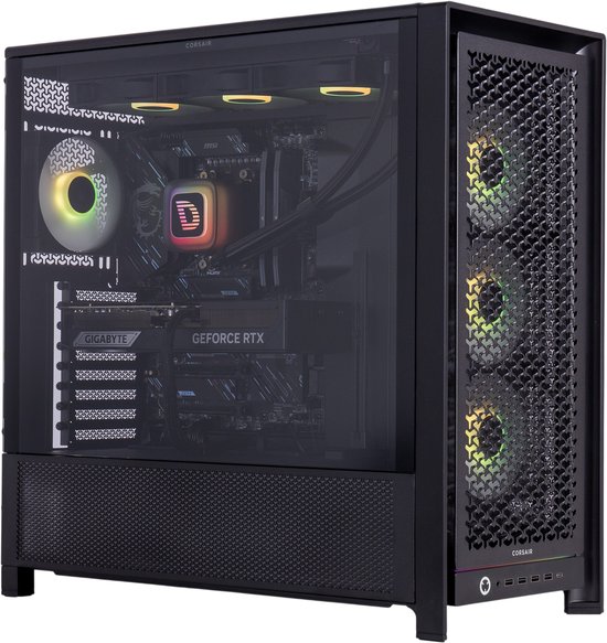 Zwarte PC met glazen zijkant, RGB-ventilatoren met paarse en groene verlichting en Gigabyte RTX grafische kaart.