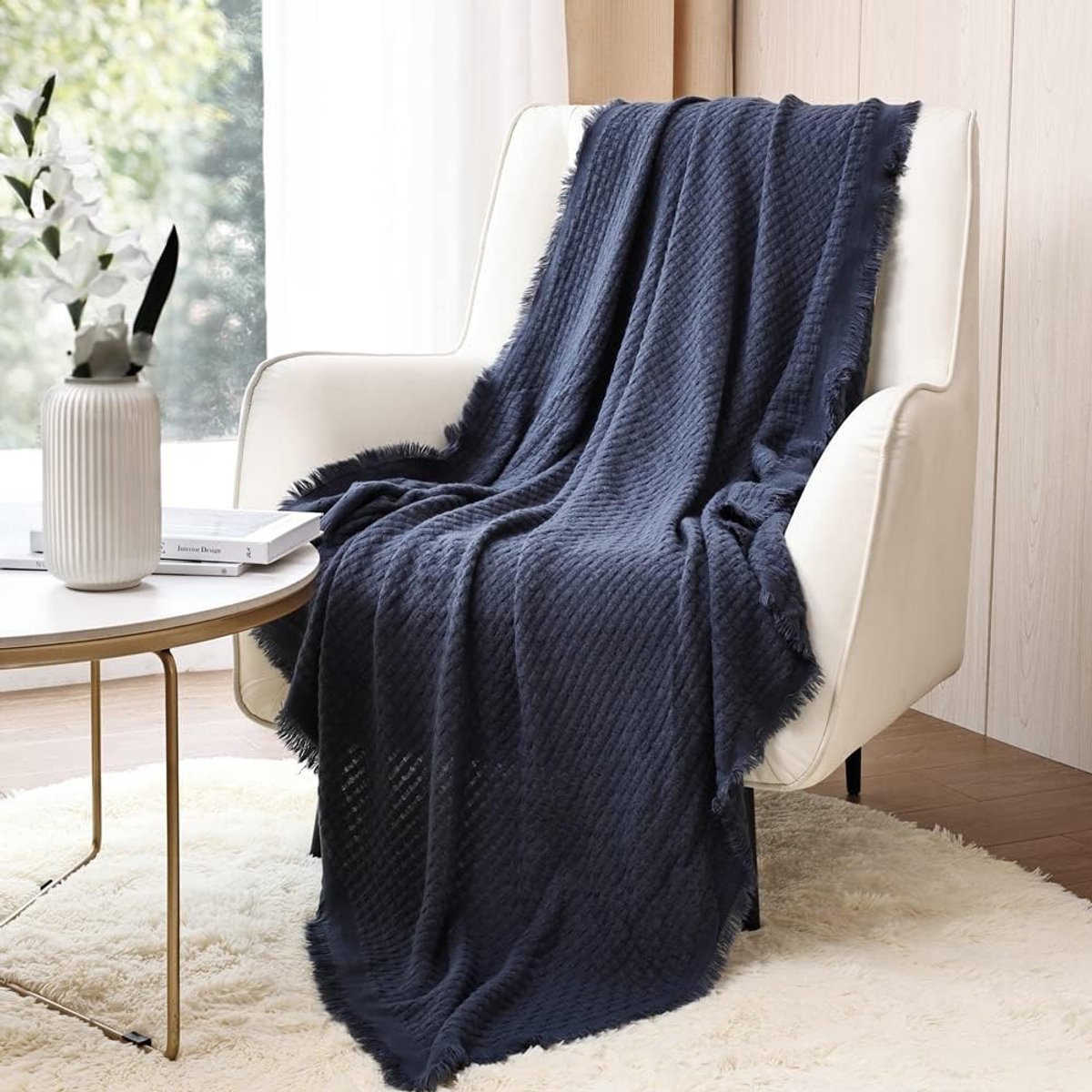 Boerderij Roest Gebreide Deken voor Bank Sofa Stoel Bed Woondecoratie, Zacht Warm Gezellig Lichtgewicht voor Lente Zomer Herfst (127 cm X152 cm Marineblauw)