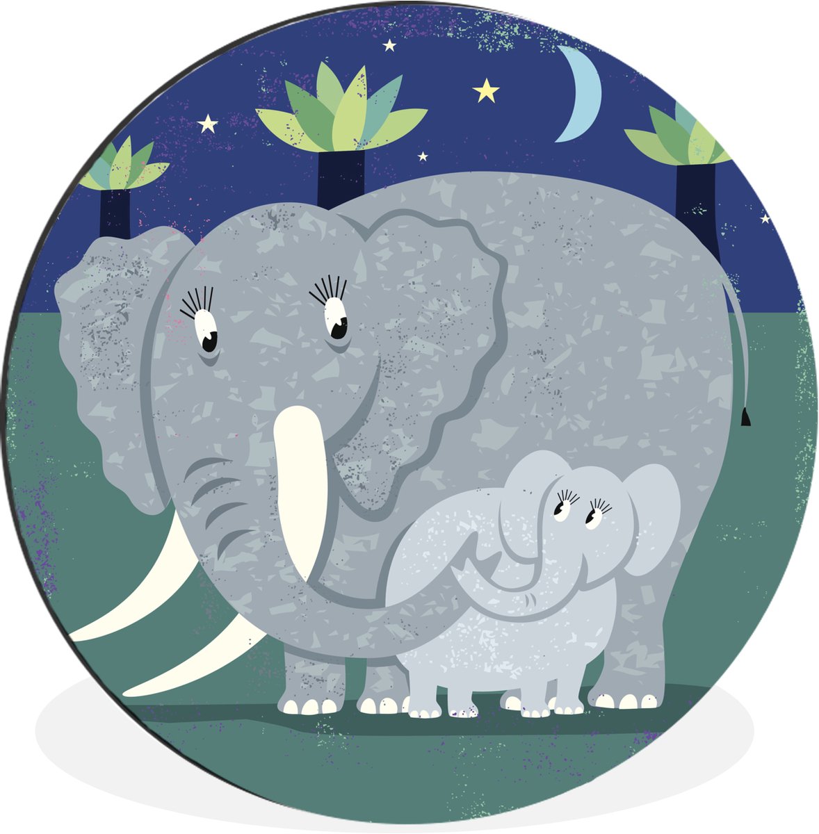 WallCircle - Wandcirkel - Muurcirkel - Een illustratie van een grote olifant met een baby olifant - Aluminium - Dibond - 30x30 cm - Binnen en Buiten