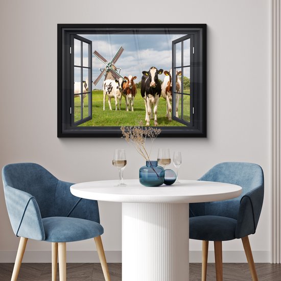 Poster in lijst - Fotolijst 80x60 cm - Posters - Doorkijk - Koe - Molen - Koeien - Weiland - Gras - Groen - Posterlijst zwart - Decoratie - Wanddecoratie woonkamer - Muurdecoratie slaapkamer