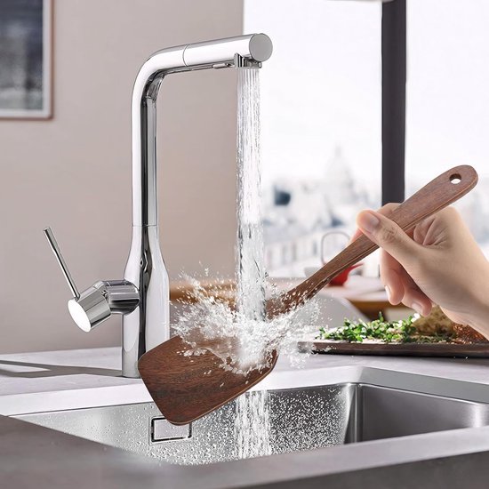 Spatels voor koken, keukenspatel van hout, houten spatel, keuken met nerf, lange handgreep, antiaanbaklaag, houten spatel voor wok, pan met antiaanbaklaag — afbeelding 3