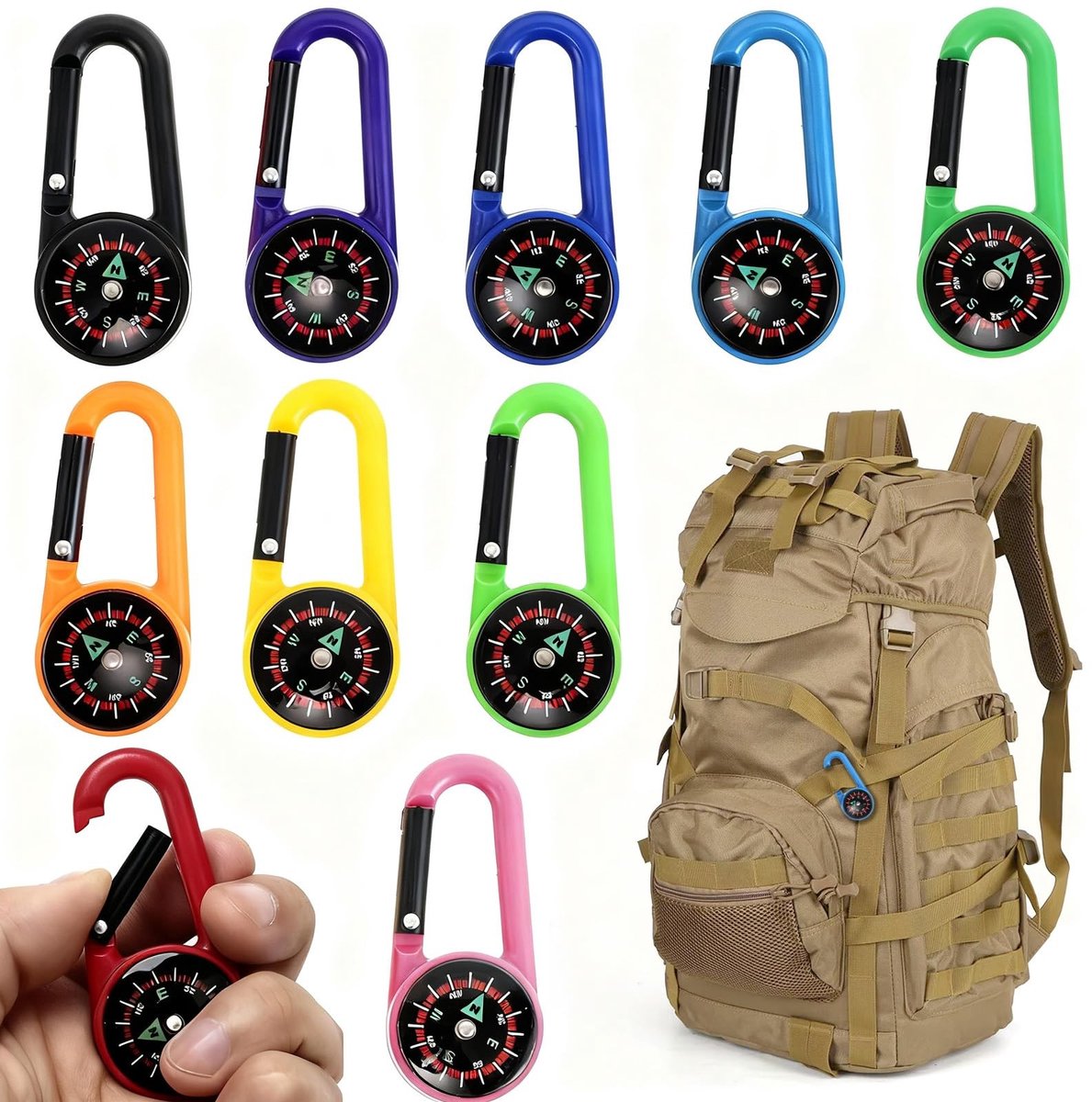 Dailygoods- Karabijnhaak Voordeelverpakking 10 Stuks - Kleurrijke Mini-Kompaskarabijnhaken - Multifunctioneel - Voor Kinderen - Outdoor - Hoogwaardige Kunststof - Sleutelhanger