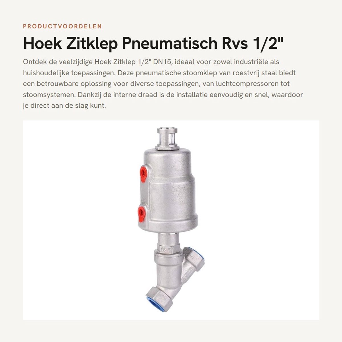Dailygoods- Hoekzitklep 1/2" DN15 - Pneumatische Stoomklep - RVS - Interne Draad - Hoekmodel - Hoogwaardige Kwaliteit - Pneumatische Klep