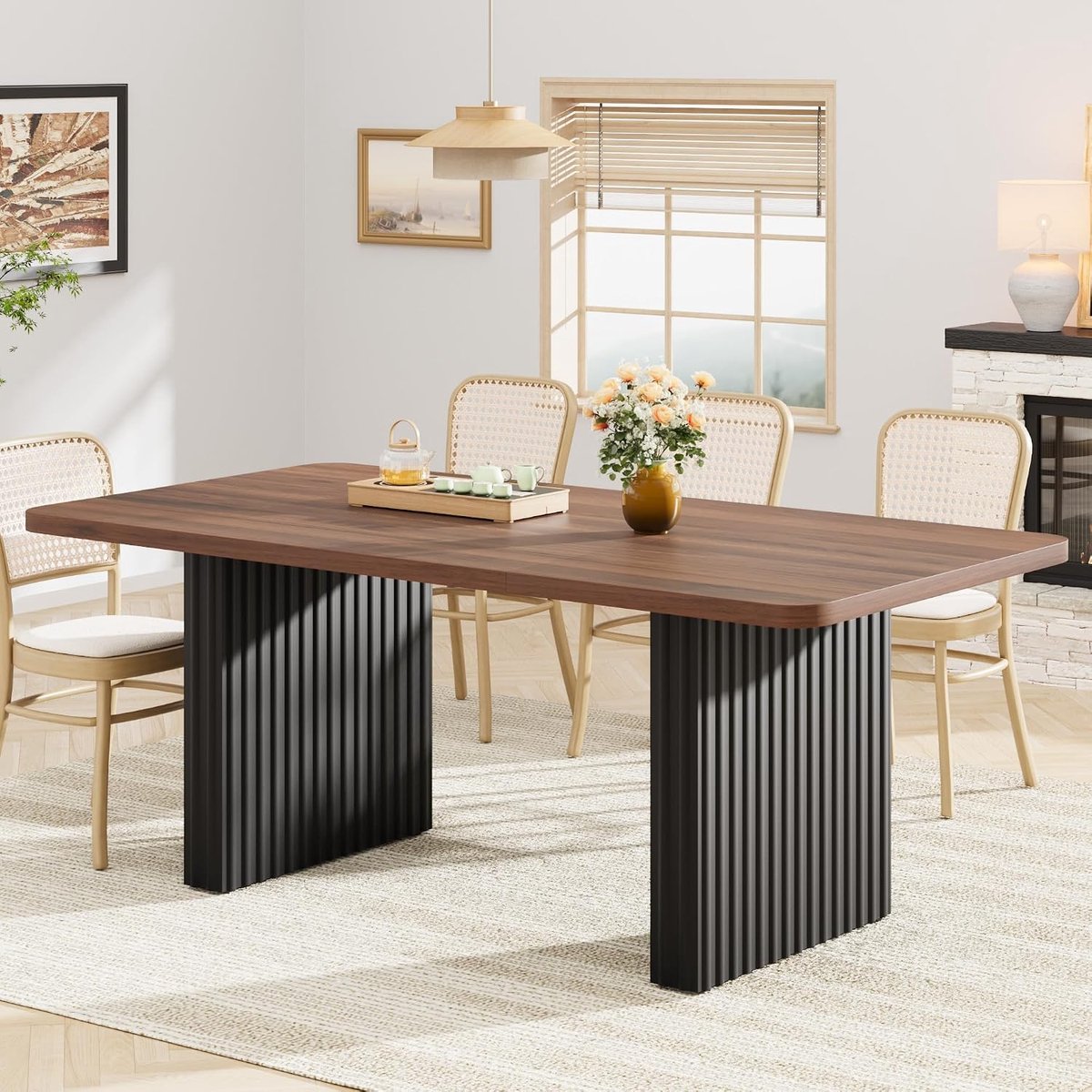 Moderne eettafel voor 6-8 personen – 71" rechthoekige boerderij-keukentafel – met zwarte, gegroefde metalen poten in golfmotief en houten blad – grote eettafel voor thuiskantoor en eetkamer – 180×80×75 cm – walnoot