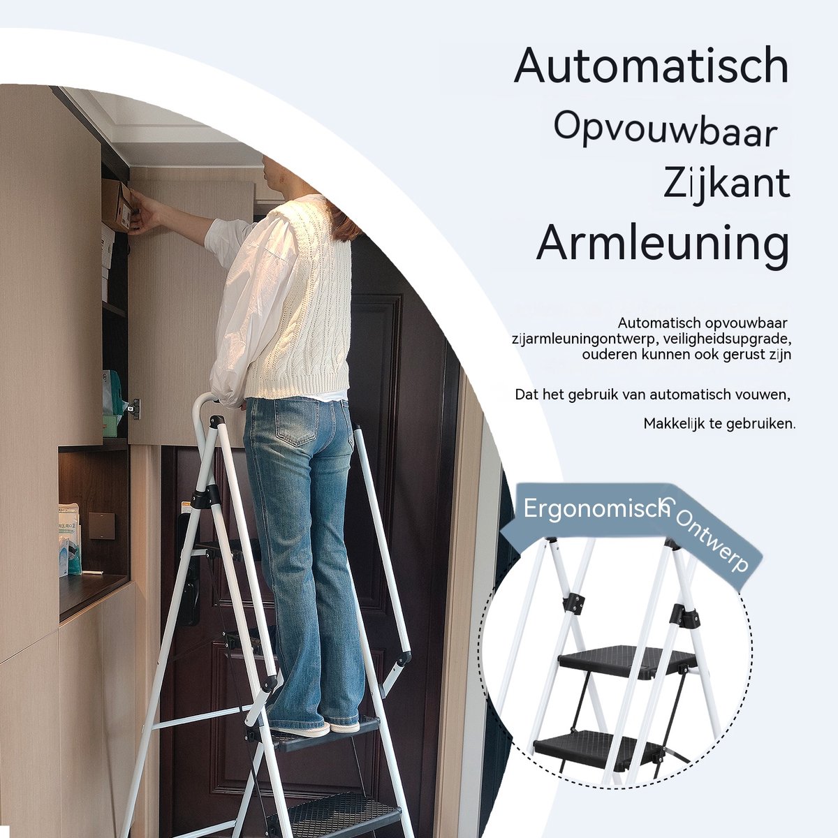 Witte trapladder - Opvouwbare ladder - Keukentrap-Huishoudtrap – Brede treden – Anti-slip – Veiligheidsbeugel - Staal - Keuken - 4 treden- Inklapbaar-Wit – foto 2
