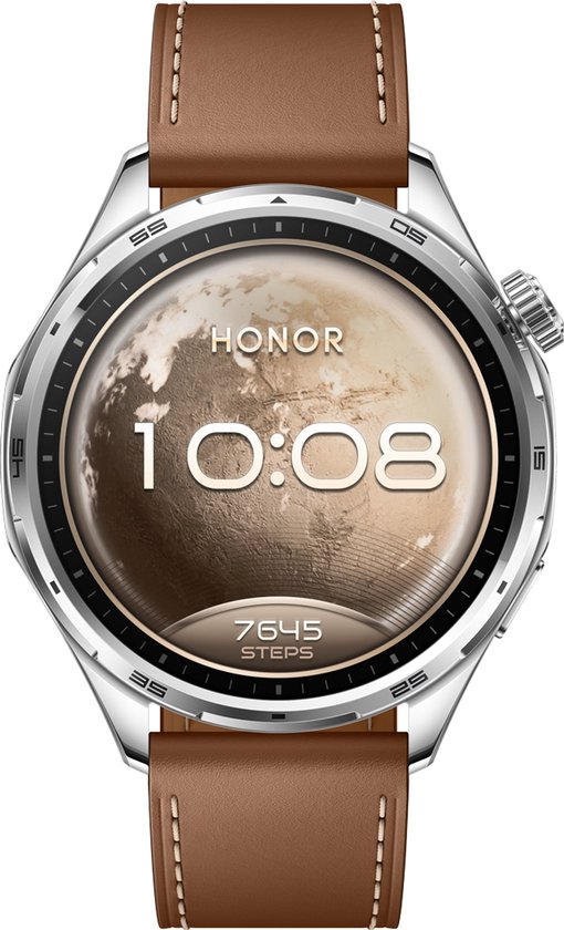 Honor smartwatch met bruin lederen band en zilveren kast. Wijzerplaat met wereldbol en tijd 10:08.