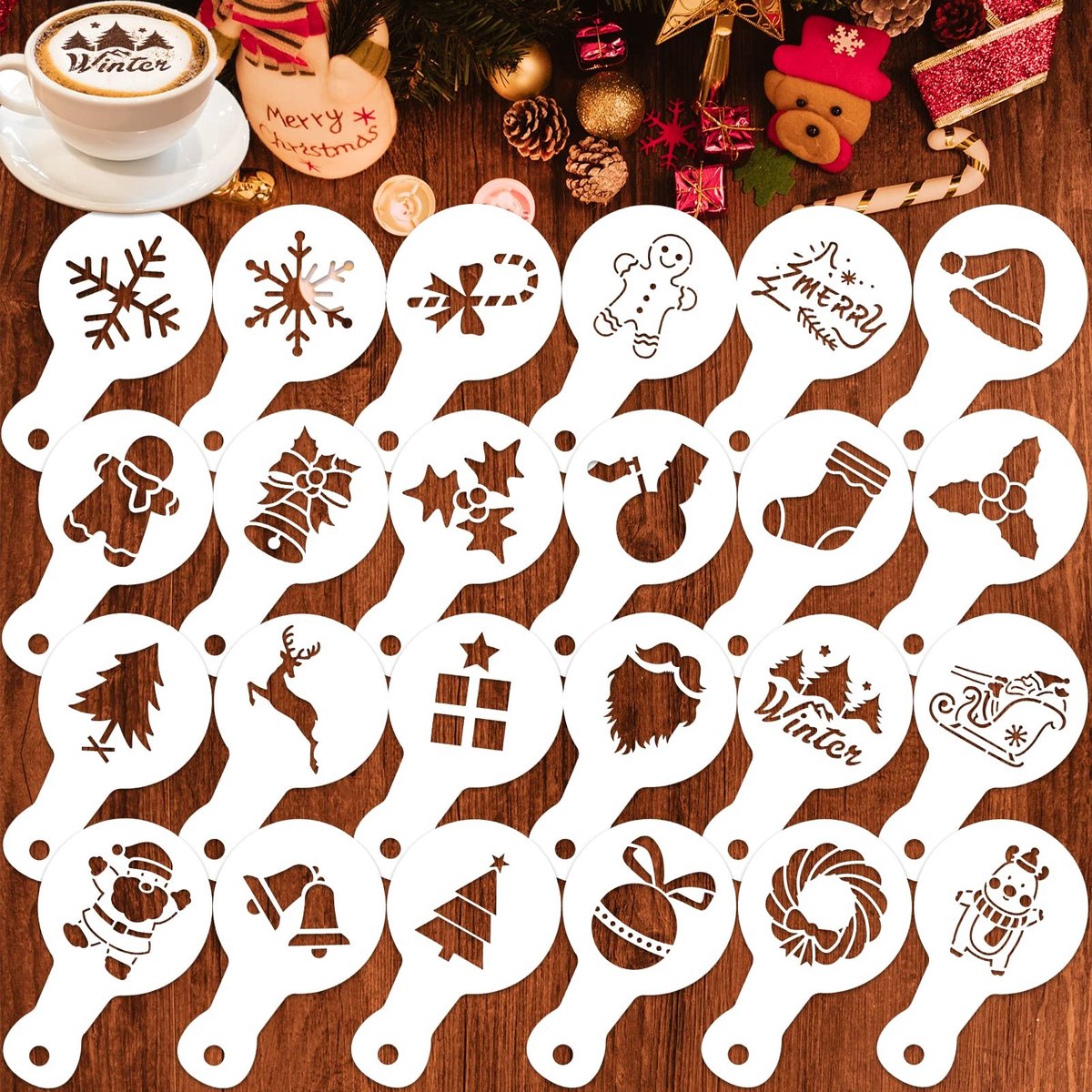 Dailygoods- Koekjesstencil 24 Stuks - Herbruikbare Koffie Sjablonen - Kerstthema Decoratie - Peperkoekmannetje/Sneeuwvlok - PET-Kunststof 8,3 x 13,9 cm - Perfect voor Taarten en Snoepjes - Taartsjabloon