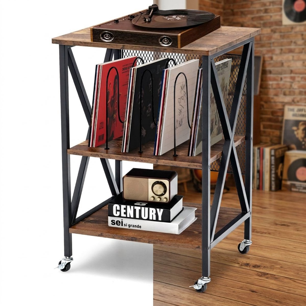 Platenspelermeubel - LP-kast - Platenspelerkast - Draaitafelstandaard - Platenspelerstandaard - Vintage Displayplank - Bruin