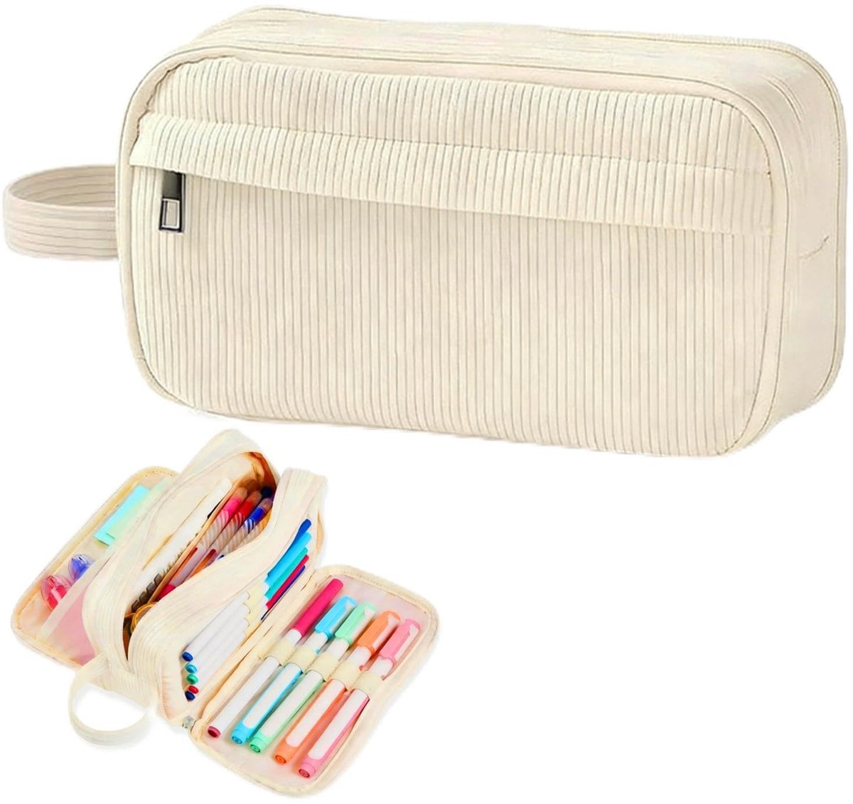 Dailygoods- Pennenetui grote capaciteit - Etui met 4 vakken - Schooltas - Schrijfwarentas - Corduroy stof - 23 x 11 x 8,5 cm