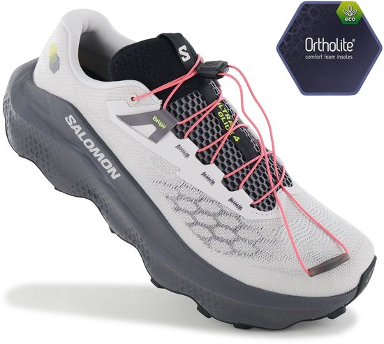 Witte Salomon Ultra Glide 4 trailrunningschoen met roze veters en Ortholite inlegzool.