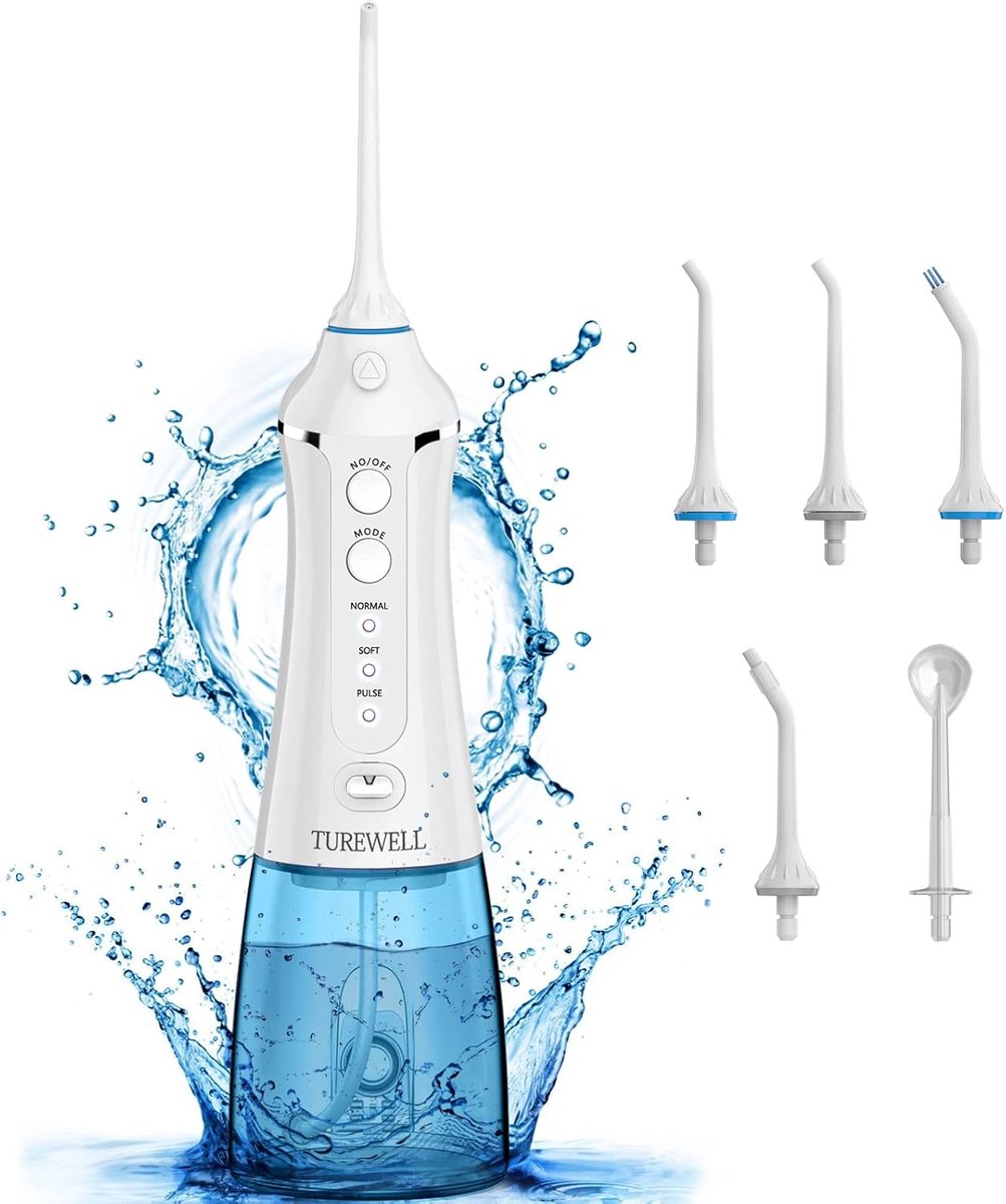 Elektrische Watertandflosser - Monddouche - Mondhygiëne Verbeteren - 3 Modi en 6 Sproeiers - 300 ml Tank - Wit