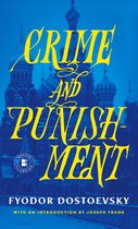 Boek kaft: "CRIME AND PUNISHMENT" door FYODOR DOSTOEVSKY, met een introductie door Joseph Frank. Op de achtergrond een blauwe foto van een kerk met koepels.
