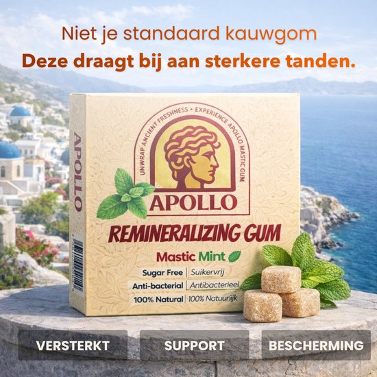 Apollo Remineralizing Gum box met muntblaadjes, met de tekst 'Niet je standaard kauwgom'.