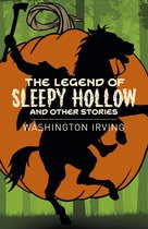 Couverture de livre avec le titre 'The Legend of Sleepy Hollow and Other Stories' par Washington Irving. Silhouette d'un cavalier avec une hache sur une grande citrouille orange.